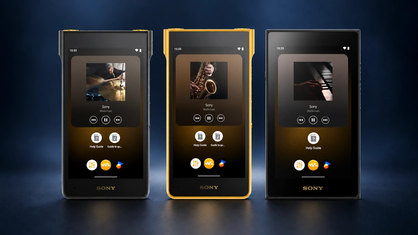 Montagem de três players Sony Walkman, com um aparelho dourado ao centro e dois pretos nas laterais.